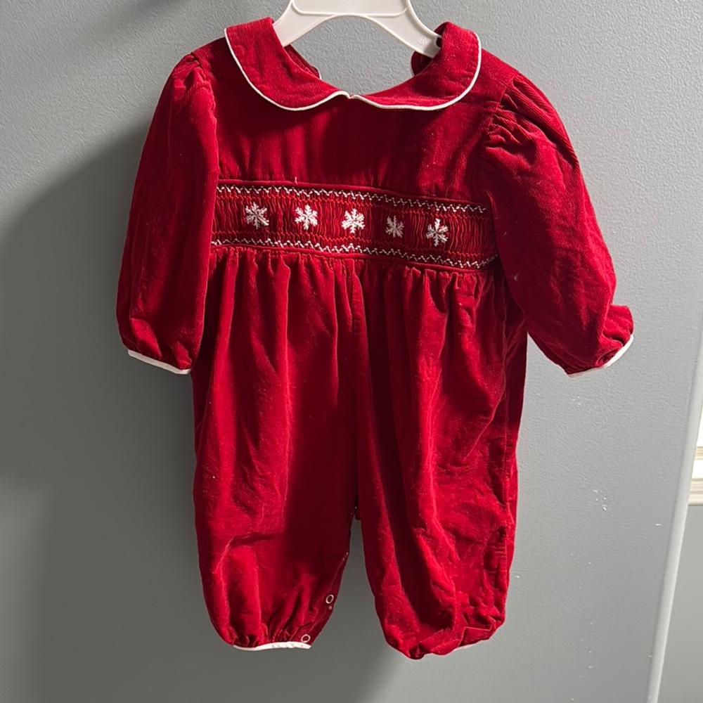 Red Baby Snowflake Romper with White Trim